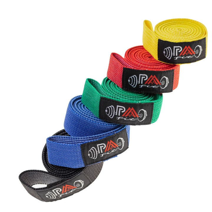 Set 5 benzi elastice PaaFit, din bumbac si poliester cu 5 nivele de rezistenta pentru exercitii de mobilitate, stretching, forta, recuperare medicala, Crossfit