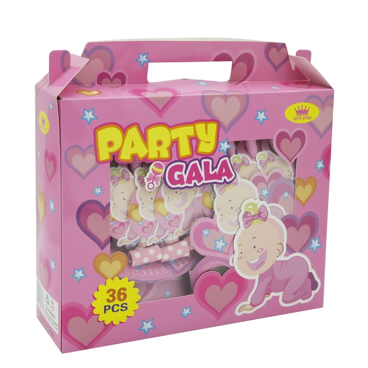 Комплект от 36 аксесоара за детски партита, 6 части, тема Baby Girl, Party Gala