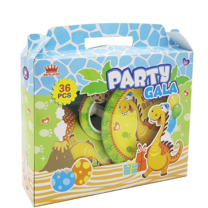 Комплект от 36 аксесоара за детско парти на тема динозаври, Party Gala
