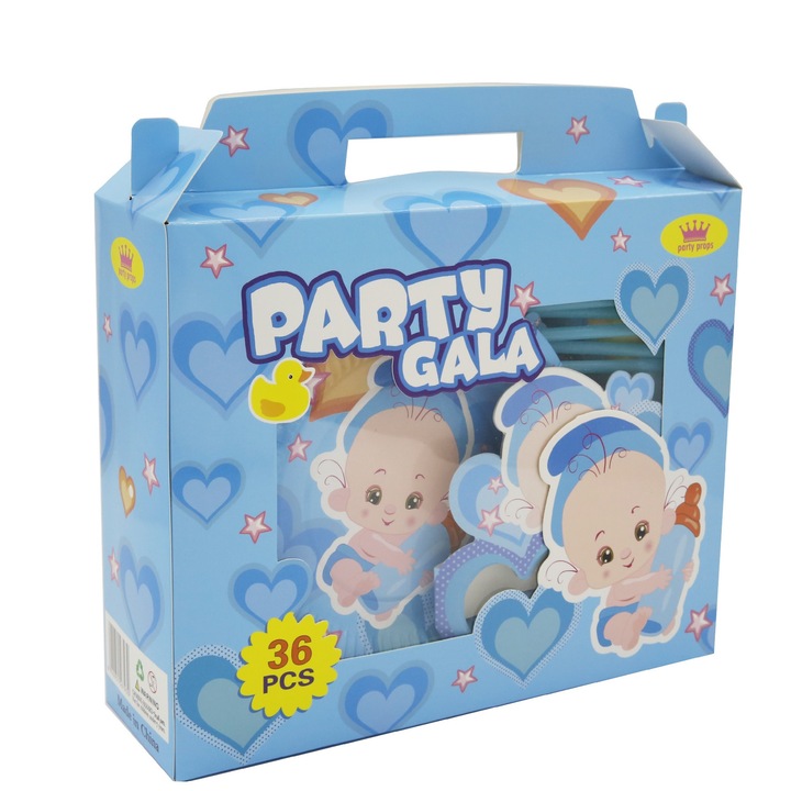 Комплект от 36 аксесоара за детско парти, 6 части, тема Baby Boy