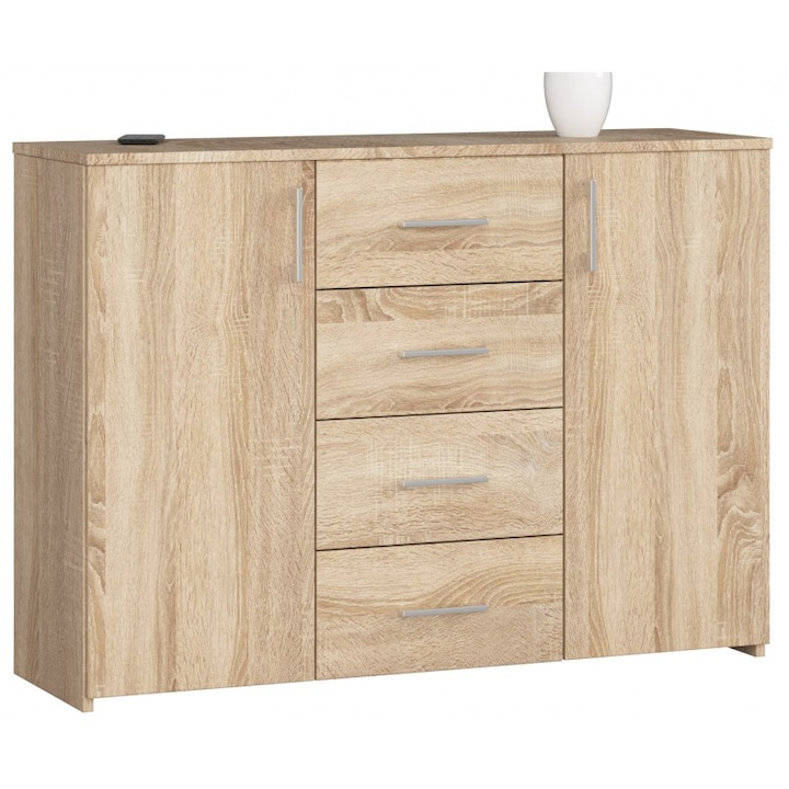 Comoda K45, 4 sertare si 2 usi, Akord Furniture Factory, PAL, 110x80x35cm, Stejar Sonoma