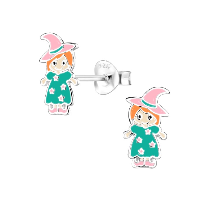 Gyermek fülbevaló Malunna Girlly, ródium bevonatú 925 ezüst, zöld, ékszerdobozsal együtt