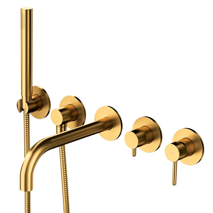 Baterie cada OMNIRES Y, 5 gauri, finisaj periat PVD, Auriu, duze silicon Easy Clean, montaj incastrat in perete