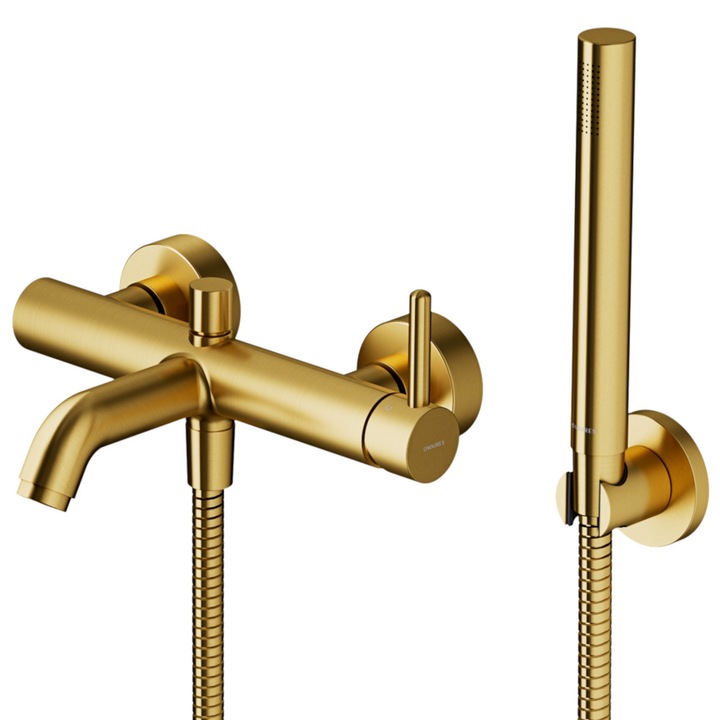 Baterie de cada OMNIRES Y, finisaj periat PVD, Auriu, dus de mana inclus, montaj pe perete