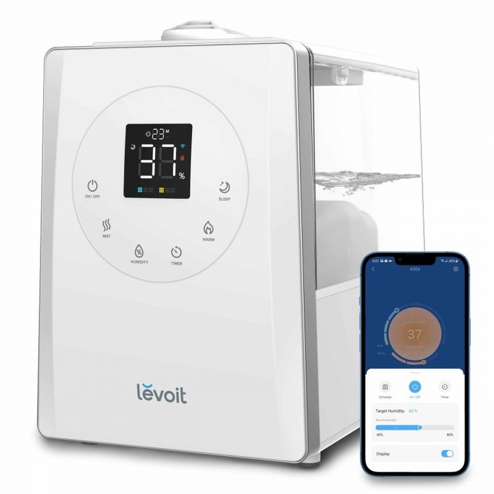 Овлажнител на въздух Levoit LV600S, Ултразвуков, SMART, Ароматерапия, 28/280 W, 6 л, 3 нива, До 70 м2, Дистанционно, Бял