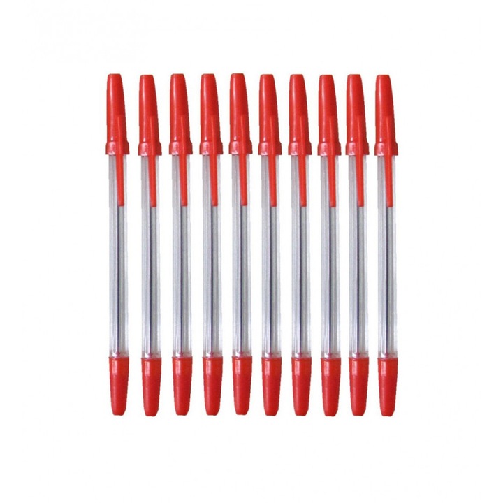 Set 10 bucati, pix clasic din plastic cu pasta de culoare rosie, 0.5 mm