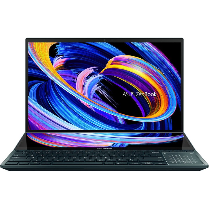 Лаптоп ASUS Zenbook Pro Duo 15 OLED UX582ZM-OLED-H731X, UX582ZM-OLED-H731X.250SSD, 15.6", Intel Core i7-12700H (14-ядрен), NVIDIA GeForce RTX 3060 (6GB GDDR6), 16GB LPDDR5, Син