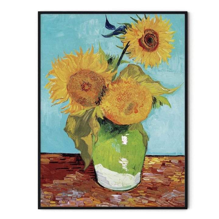 Tablou decorativ color, Intaglio, Clasic, floarea soarelui, Vase with Three Sunflowers de Van Gogh, fara rama, print pe hartie foto Fine Art 91 cm 61 cm