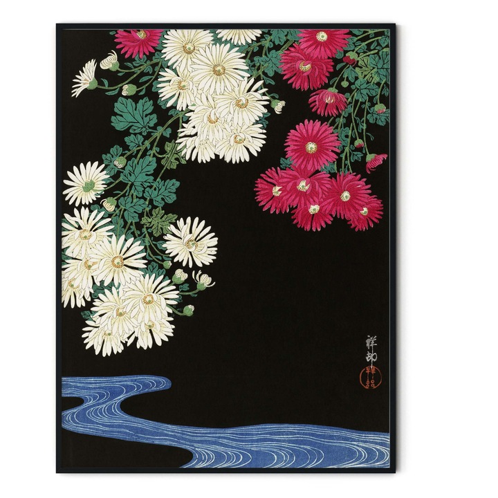 Tablou decorativ, Intaglio, fara rama, print pe hartie foto Fine Art, Modern, color, Chrysanthemums, Ohara Koson, flori, pentru living 91 cm 61 cm
