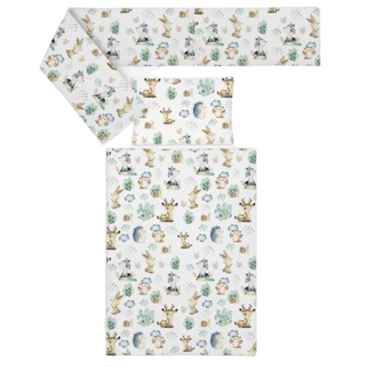 Set lenjerie patut bebe cu 3 piese DacEnergy©, 100% bumbac, tesatura delicate, antialergica, imprimeu animale