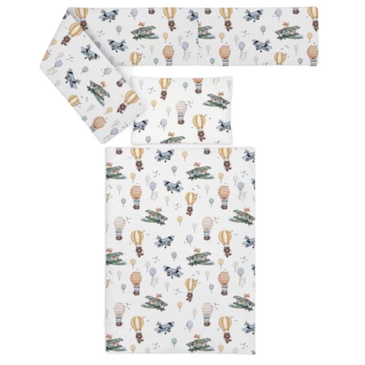 Set lenjerie patut bebe cu 3 piese DacEnergy©, 100% bumbac, tesatura delicate, antialergica, imprimeu avioane, crem