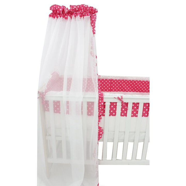 Baldachin, din voal, roz inchis cu buline mari albe, 300x160 cm