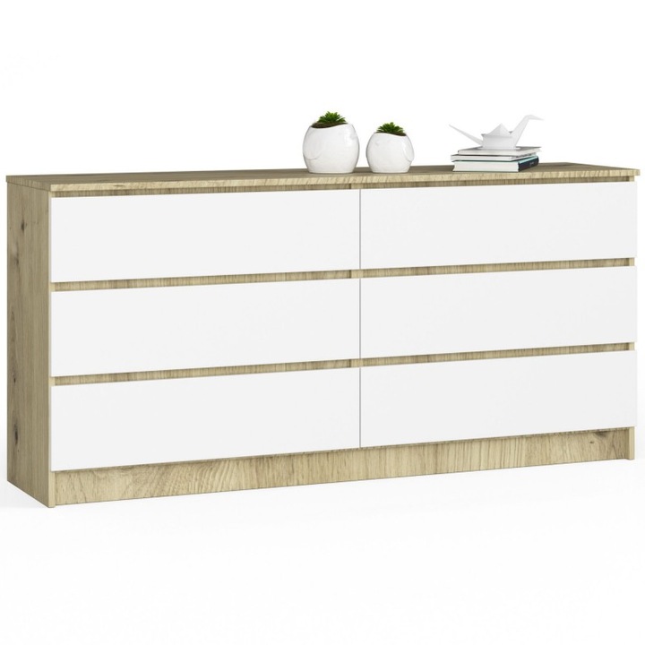 Comoda pentru sufragerie K Akord Furniture Factory, 6 sertare, PAL, 160 x 77 x 40 cm, Maro stejar/Alb