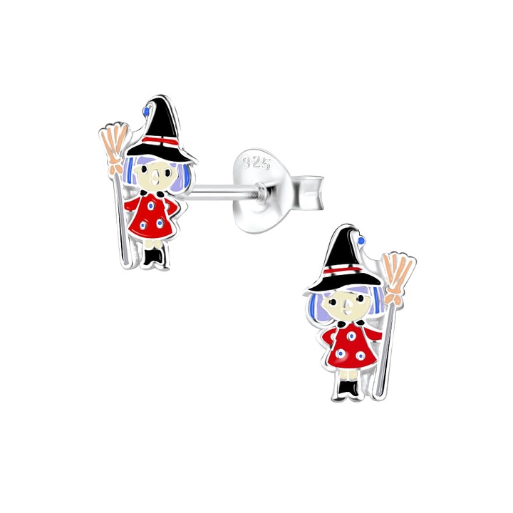 Детски обеци Arabella Whitch by Halloween, родирано сребро проба 925, кутия за бижута, червено