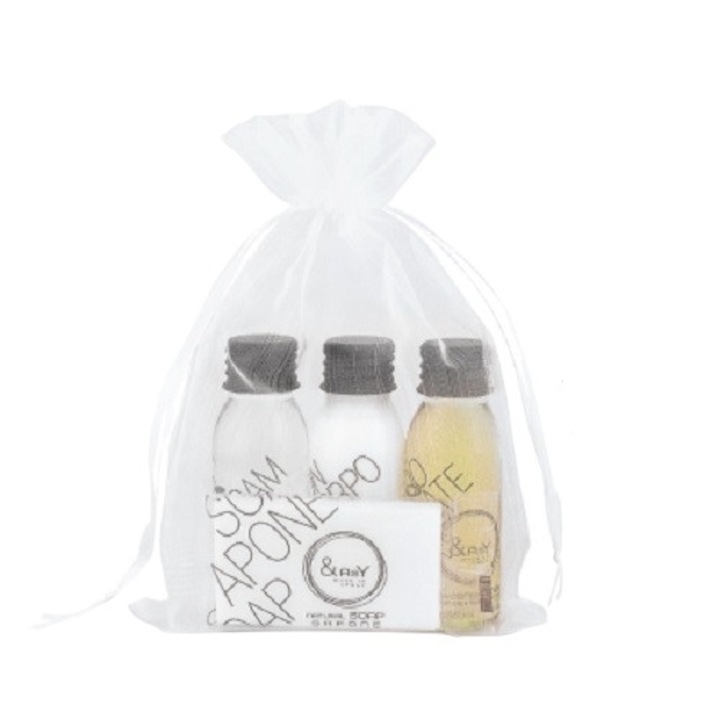 Set cadou cosmetice hoteliere EASY, Sampon 30 ml, Sapun 20 g, Crema de corp 30 ml, Gel de dus 30 ml, cu Ulei Natural de Argan