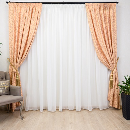 Set 3 piese bumbac Hiko Nostalgie Garden peach 2x140x180cm si o perdea Ana voal 300x180cm, cu rejansa
