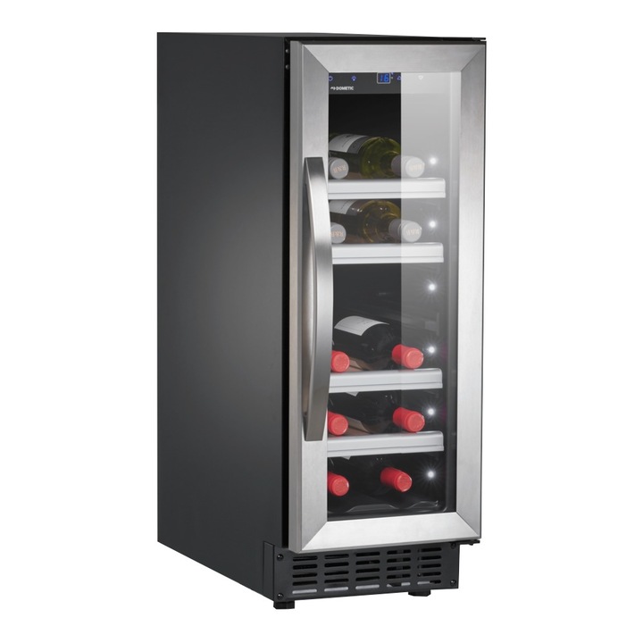 Racitor de vin Dometic, 20 sticle, H82 cm, sistem de racire cu compresor, poate fi si incorporabil, silentios, o zona de racire, 5C-20C, 4 rafturi, sticla anti-UV, argintiu, negru