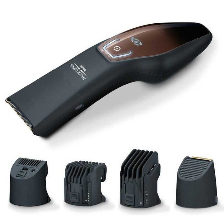 Aparat de tuns barba Beurer HR 4000, autonomie 60 min, incarcare rapida 60 min, afisaj LED, accesorii multiple, negru/maro.