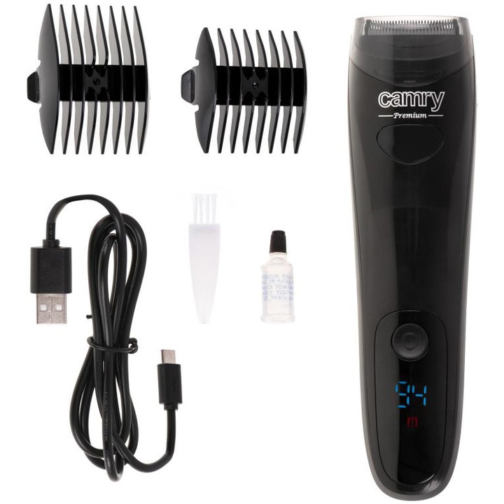 Trimmer Camry CR 2833, pentru Barba, Functie de Aspirare a Firelor Taiate, Afisaj LCD, Portabil, Functionare pana la 60 de minute, 2 Capete de Tuns, Pentru Ingrijirea Personala, Ideal Pentru o Utilizare Curata si Comoda, Negru