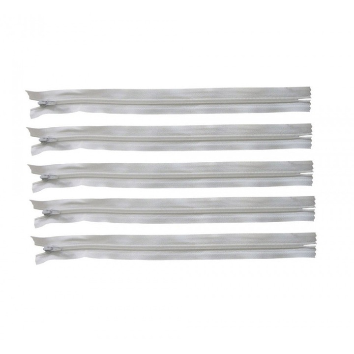 Set 5 bucati, Fermoar alb cu panza dura pe margini, cheita metalica, 39 cm