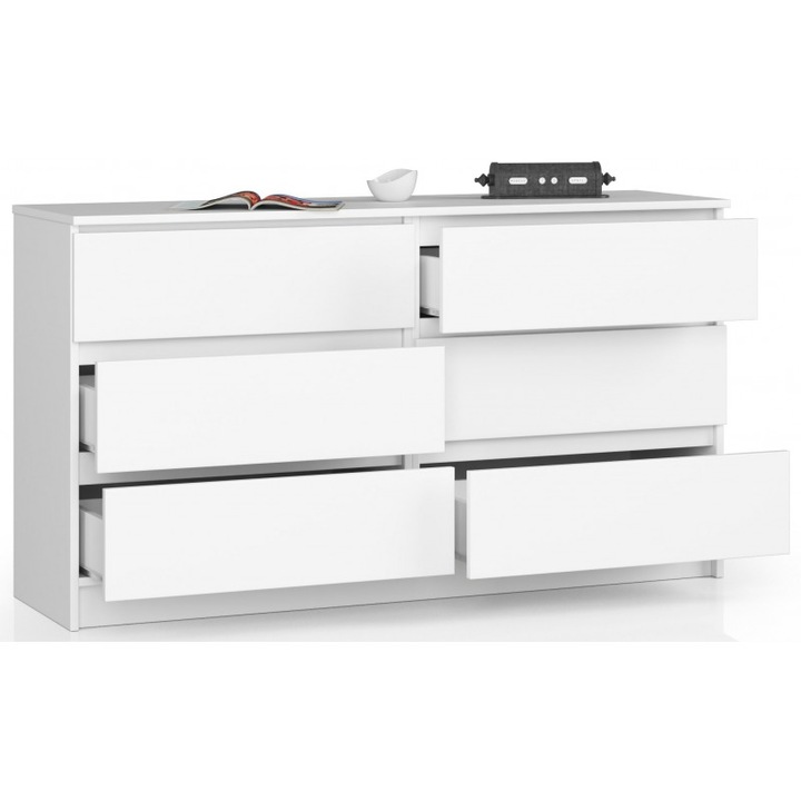 Скрин Akord Furniture Factory, ПДЧ / MDF, Бял, 6 чекмеджета, 138 x 77 x 40 см