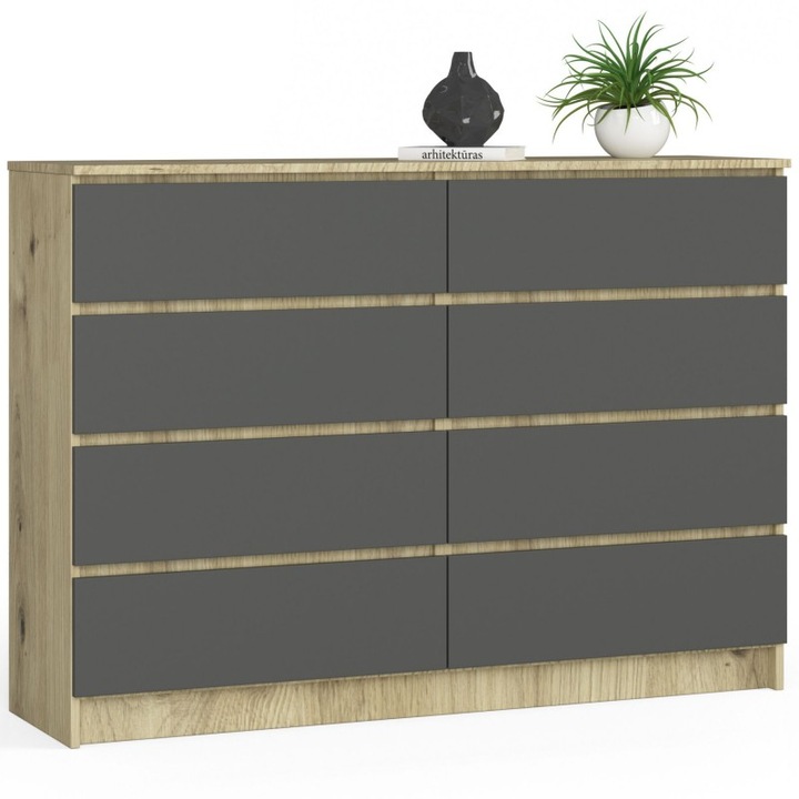 Comoda Akord Furniture Factory, 8 Sertare, 138 x 99 x 40 cm, Pal/ MDF, Stejar Artisanal/ Gri grafit