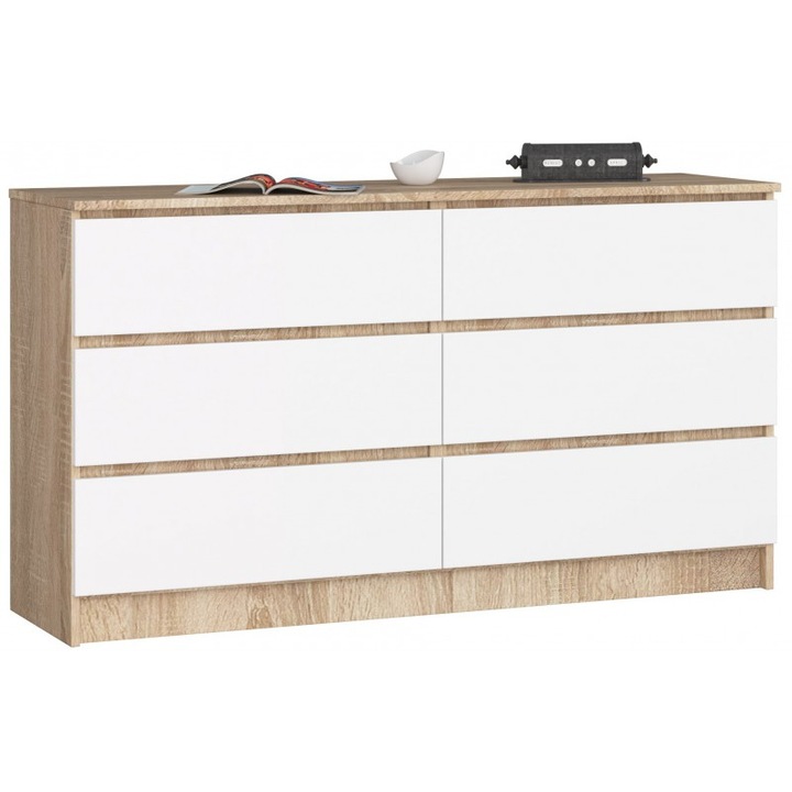 Comoda Akord Furniture Factory, 6 Sertare, 138 x 77 x 40 cm, Pal, Alb/ Stejar Sonoma