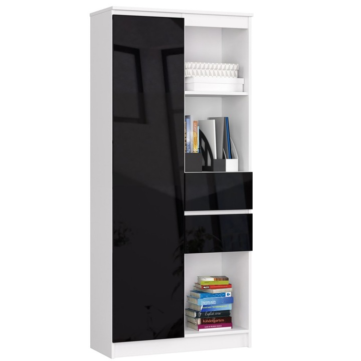 Biblioteca cu usa si 2 sertare Akord Furniture Factory, R15 CLP, PAL, 180x80x35cm, Alb/Negru lucios