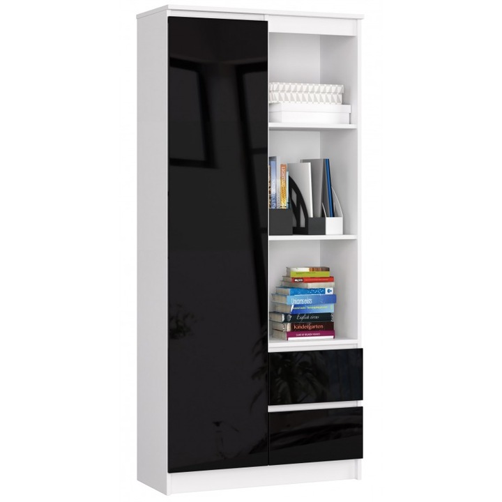 Biblioteca cu usa si 2 sertare Akord Furniture Factory, R11 CLP, PAL, 180x80x35cm, Alb/Negru lucios