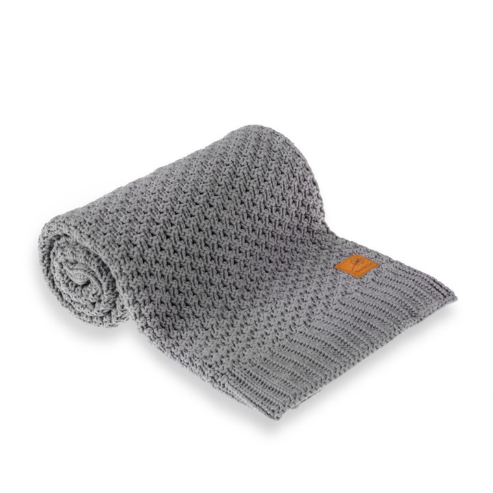 Patura tesuta pentru bebelusi, Nordville, Bumbac, 100x70 cm, Gri