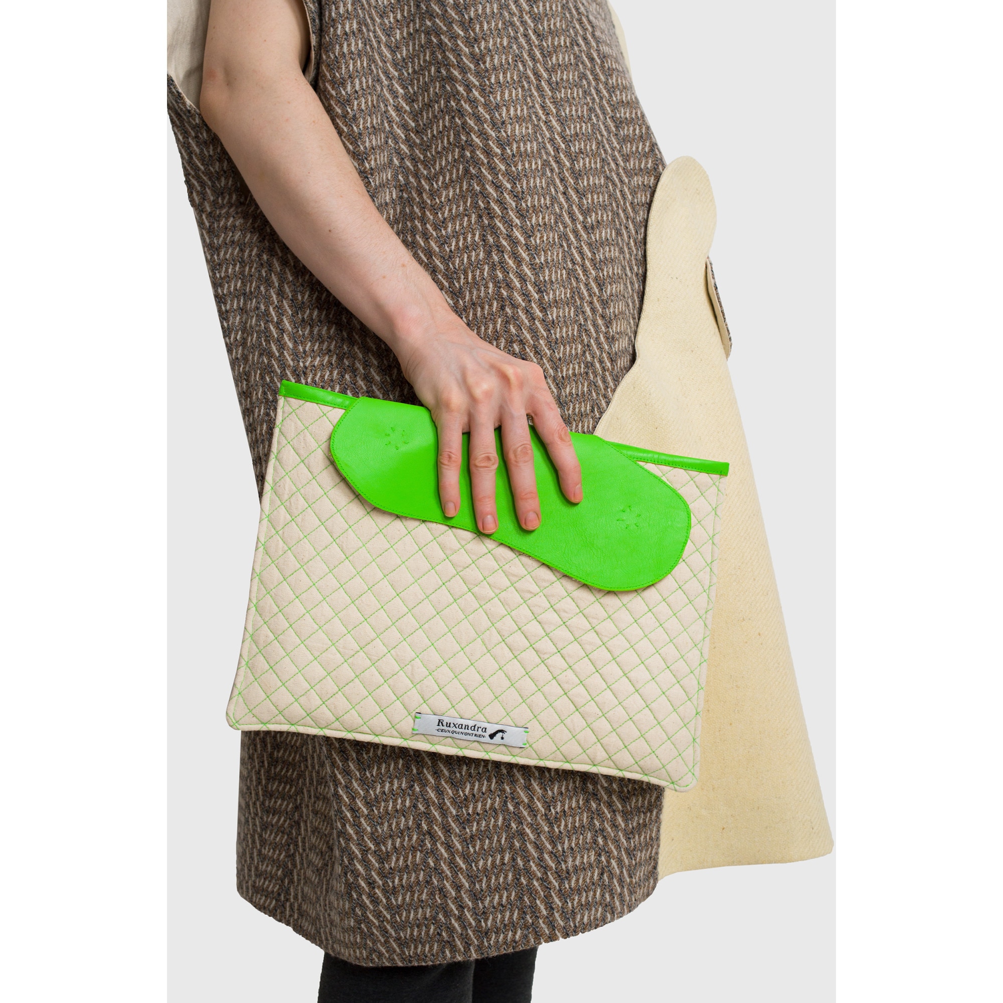 Husa Macbook/ ipad si Accesorii 13", bumbac/piele italiana, alb unt/ verde