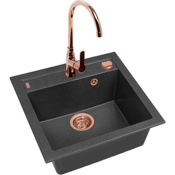 Pachet chiuveta bucatarie Alveus Formic 20, material compozit, 520x510x200mm, Negru + Baterie Lola, sifon cu ventil cupru pop-up inclus, Finisaj Cupru