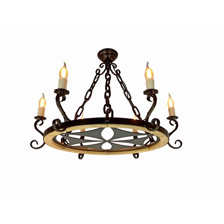 Candelabru stejar, Kuznia Drewna, 6 becuri E14, diametru 85 cm