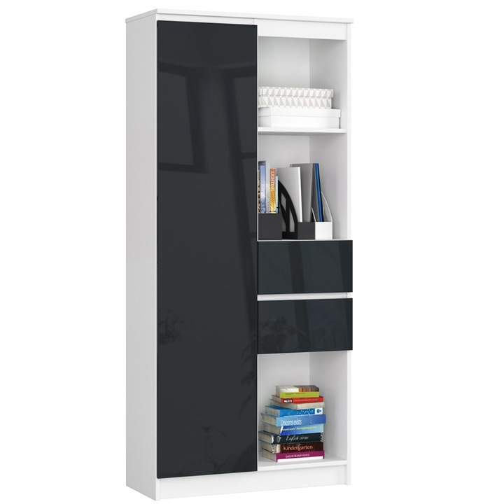 Biblioteca cu usa si 2 sertare Akord Furniture Factory, R15 CLP, PAL, 180x80x35cm, Alb/Grafit lucios