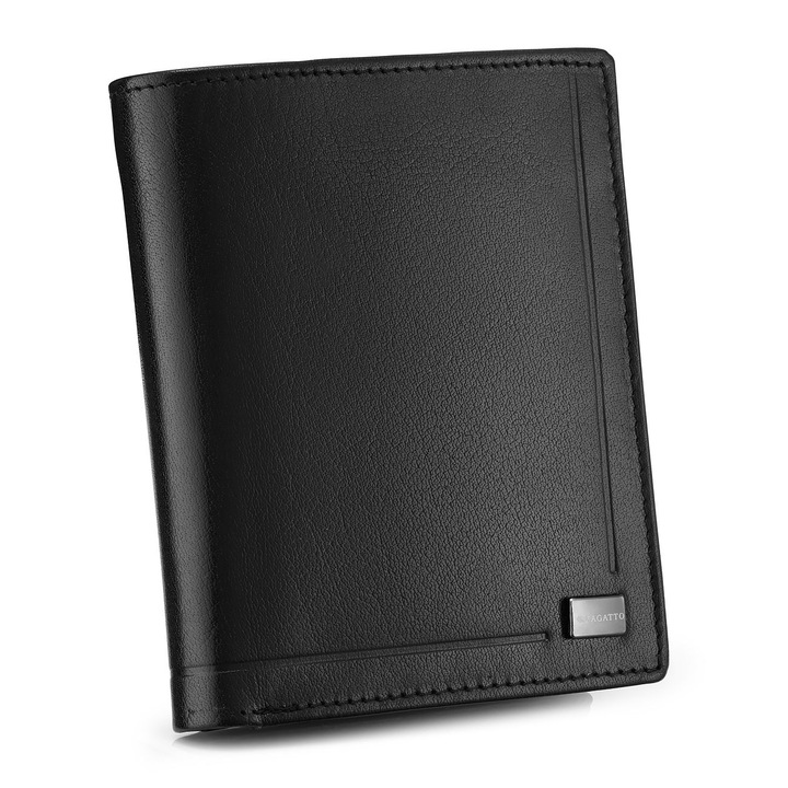 Portofel barbat piele naturala, Zagatto, Negru, Elagant, Protectie RFID, Buzunar buletin, Vertical, Tip carte, Dimensiuni 12.5x10x1.5 cm, Slim, Multiple compartimente, 4 sloturi pentru card, 3 Buzunare cu fereastra, ZG-051-BAR