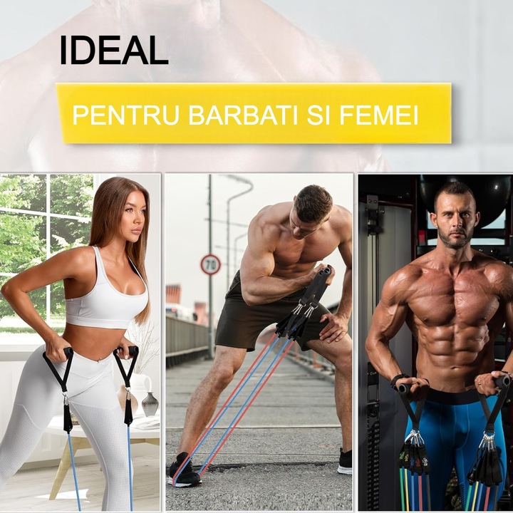 Set 11 Benzi pentru sport elastice cu ghid de antrenament, benzi extensibile din latex 5 culori, cu ancora pentru usa, curele pentru glezna Salestore.ro®, Multicolor