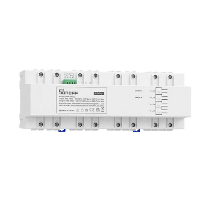 Comutator SMART Sonoff SPM 4 Relay - Modul Releu cu 4 Canale, Functie de Masurare a Puterii, Alb