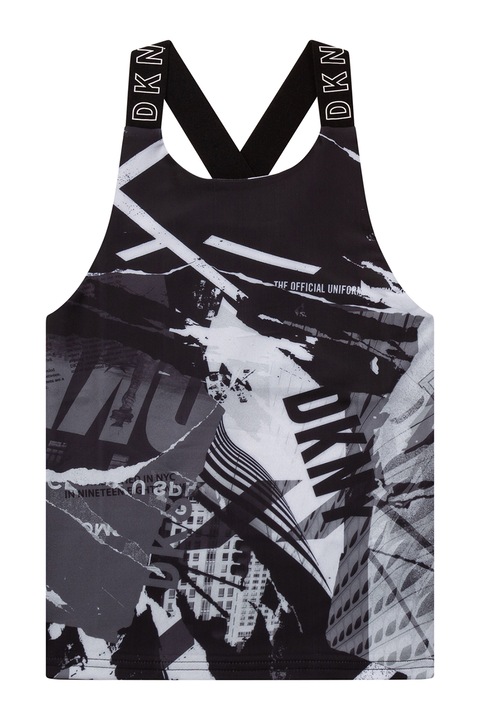 DKNY, Top cu imprimeu si bretele incrucisate, Alb/Negru/Gri