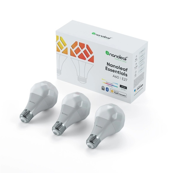 Комплект 3 смарт крушки LED RGBW Nanoleaf Essentials Smart, Thread, Bluetooth, E27, 9W, 806 лумена, Бяла и цветна светлина