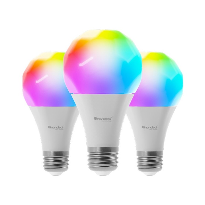 Pachet 3 Becuri LED RGBW inteligent Nanoleaf Essentials Smart, Thread, Bluetooth, E27, 9W, 806 lm, lumina alba si colorata