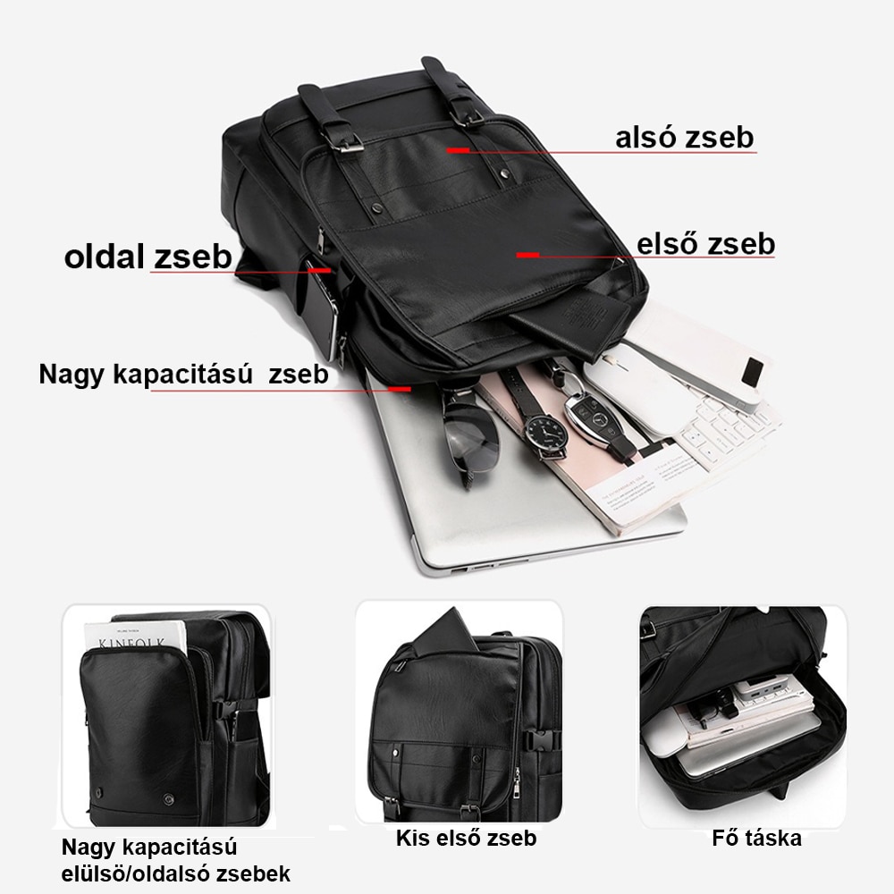 Rucsac pentru laptop, Dollcini, Piele ecologica, 43x14x33 cm, impermeabil, rezistent la zgarieturi, Negru