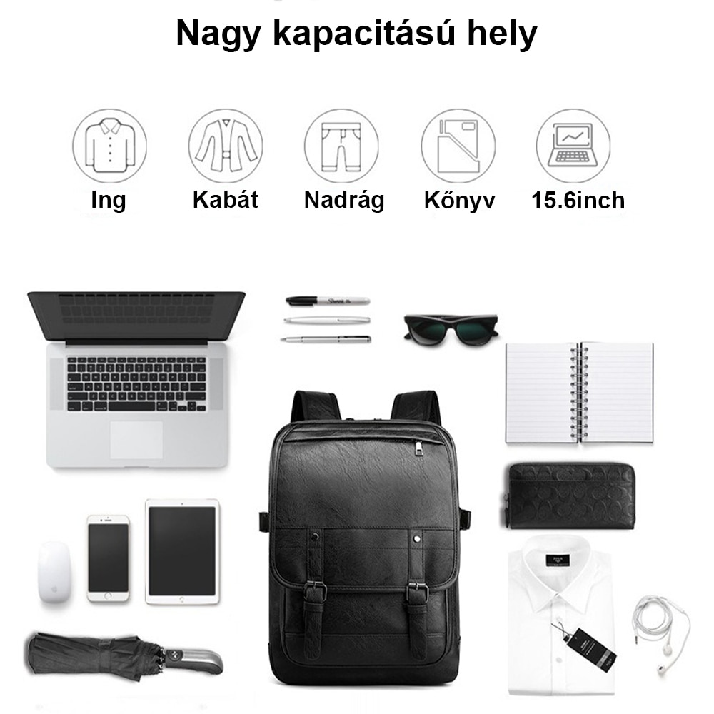Rucsac pentru laptop, Dollcini, Piele ecologica, 43x14x33 cm, impermeabil, rezistent la zgarieturi, Negru