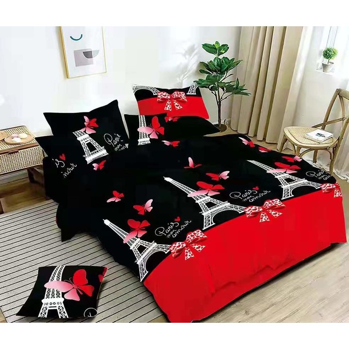 Set Lenjerie de pat Romantic Paris, Disha, 7 piese, 2 persoane, rosu/negru