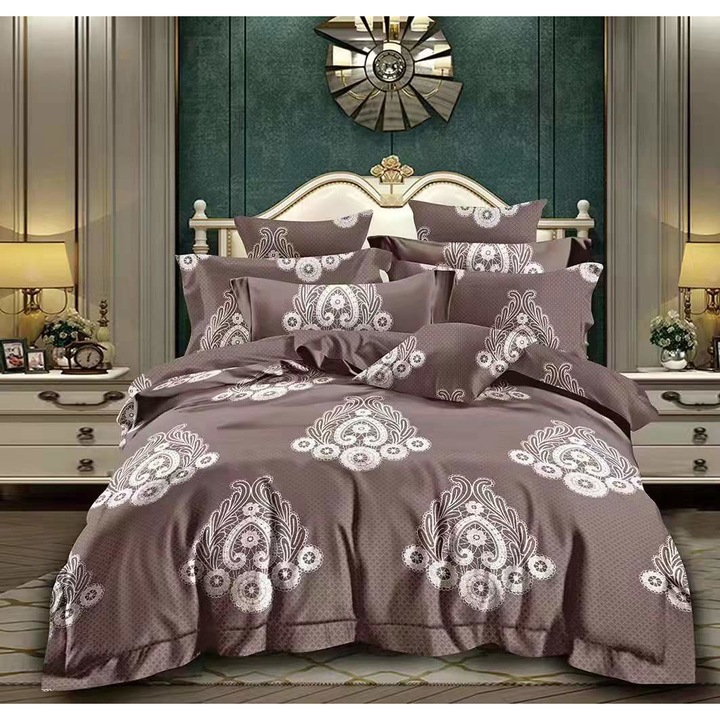 Set Lenjerie de pat eleganta, Disha, 6 piese, 2 persoane, maro, 200x200