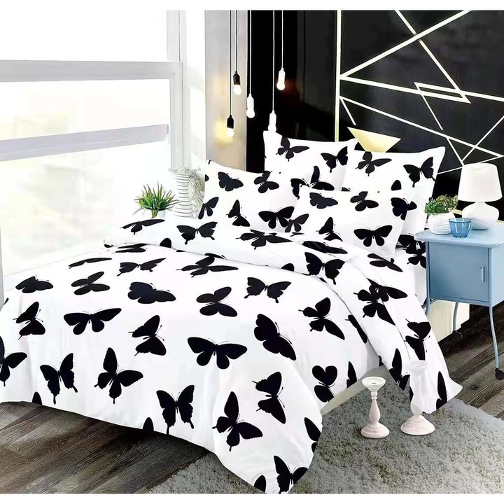 Set Lenjerie de pat Fluturi, Disha, 7 piese, 2 persoane, negru/alb, 200x200