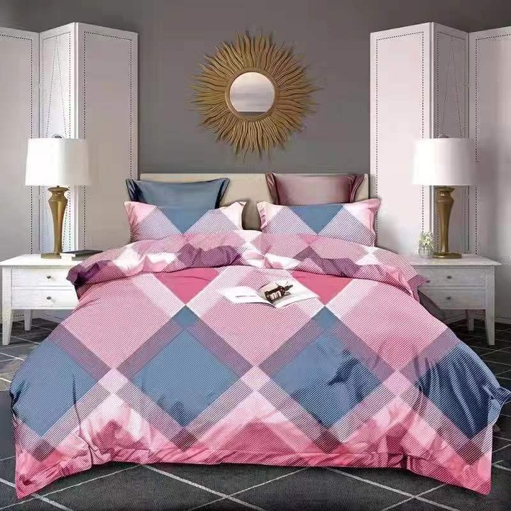 Set Lenjerie de pat in carouri, Disha, 7 piese, 2 persoane, roz/albastru