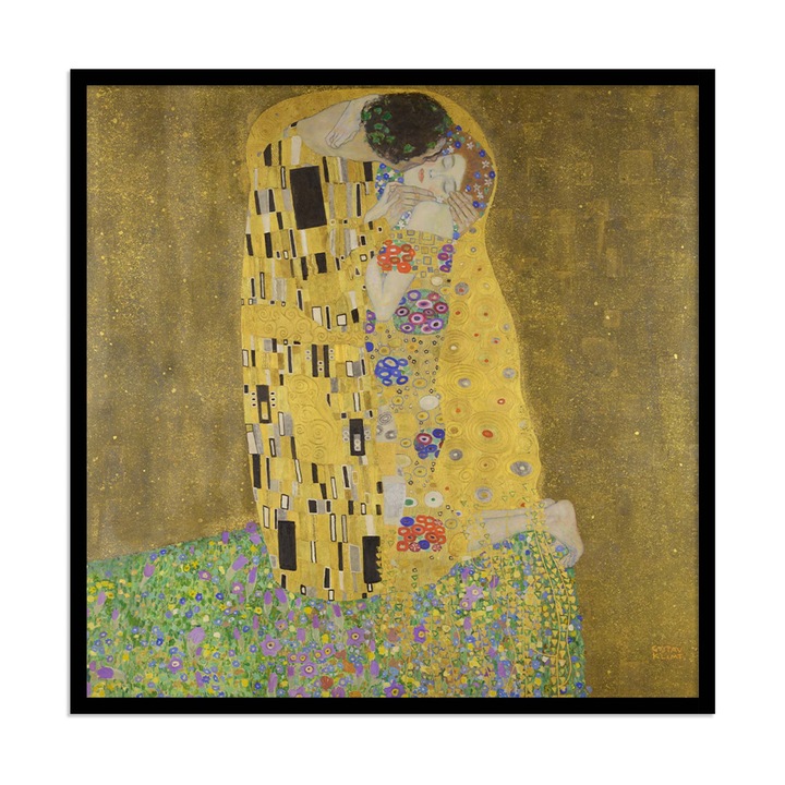 Tablou decorativ color, Intaglio, The Kiss de Gustav Klimt, fara rama, print pe hartie foto Fine Art, pentru bucatarie 90 cm 90 cm