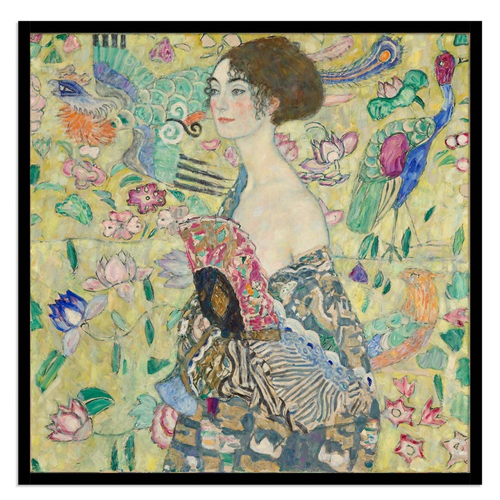 Tablou decorativ color, Intaglio, portret femeie, Lady with Fan de Gustav Klimt, fara rama, print pe hartie foto Fine Art, pentru living modern 90 cm 90 cm