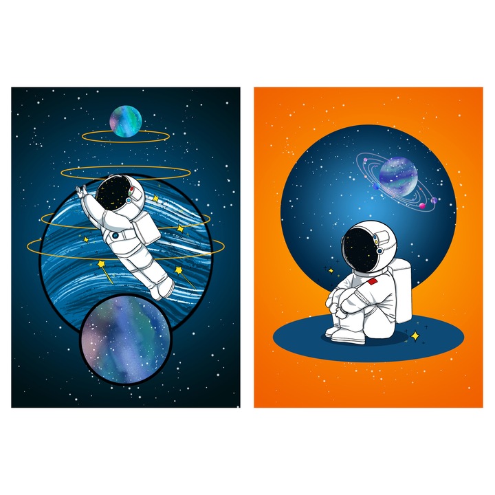 Set Tablouri Canvas - Colectia Camere de Copii, Astronauti in Univers, 2 Piese, Multicolor, 60x50 cm
