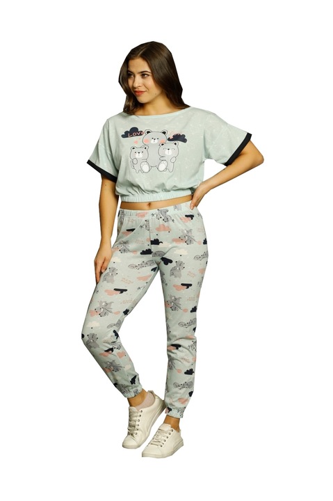 Pijama dama bumbac , pantaloni lungi bluza cu maneca scurta imprimeu 3 ursuleti, Albastru deschis